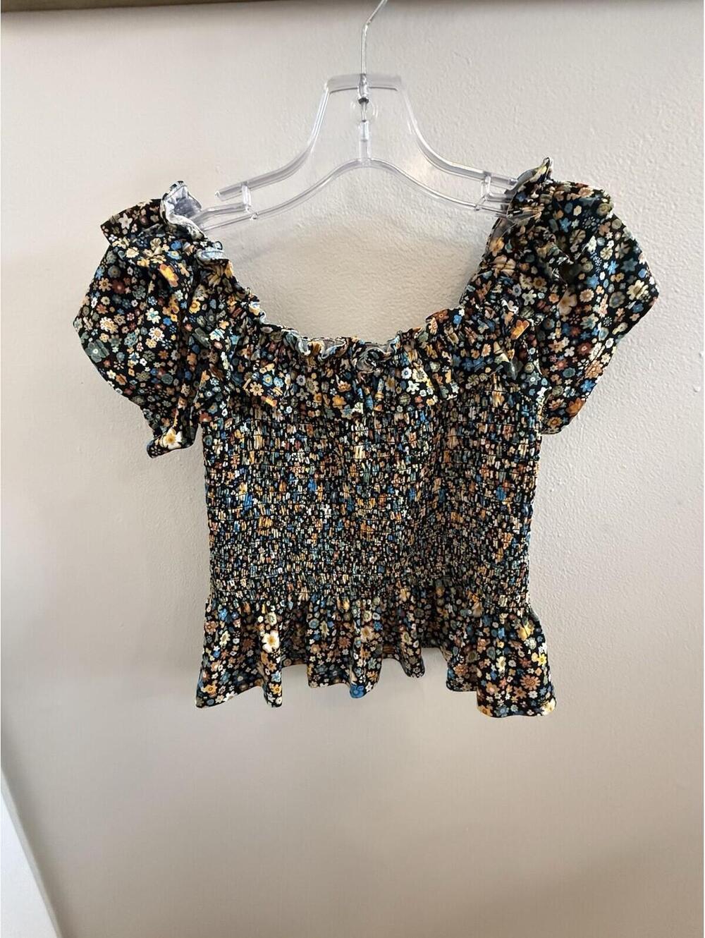 BCBG Women’s Smocked Floral Peplum Top Puff Sleeve Off Shoulder Black Yellow XS